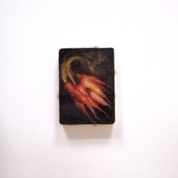 Colored roofs with molten dusk, oil on balsa wood, ca 14X10 cm, 2025