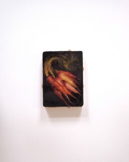 Colored roofs with molten dusk, oil on balsa wood, ca 14X10 cm, 2025